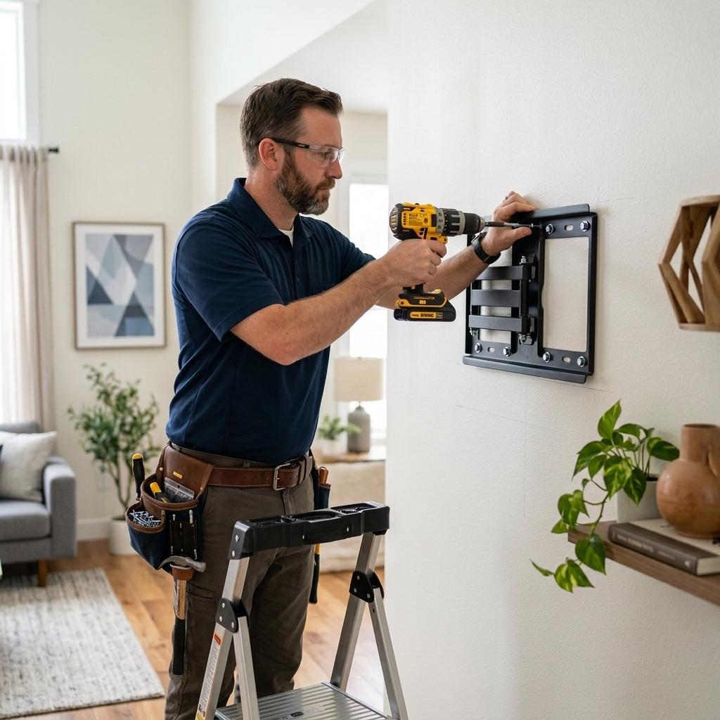Handyman mounting a TV in a modern home